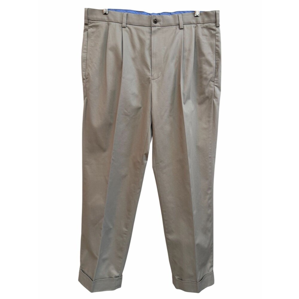 Brooks Brothers Beige Pleated Cuff Chino Pants Mens Sz 38x29 Stretch Band Preppy